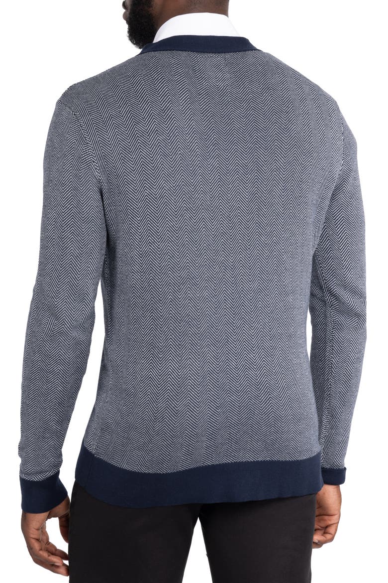 Herringbone V-Neck Button Front Cardigan, Alternate, color, WHITE/ NAVY