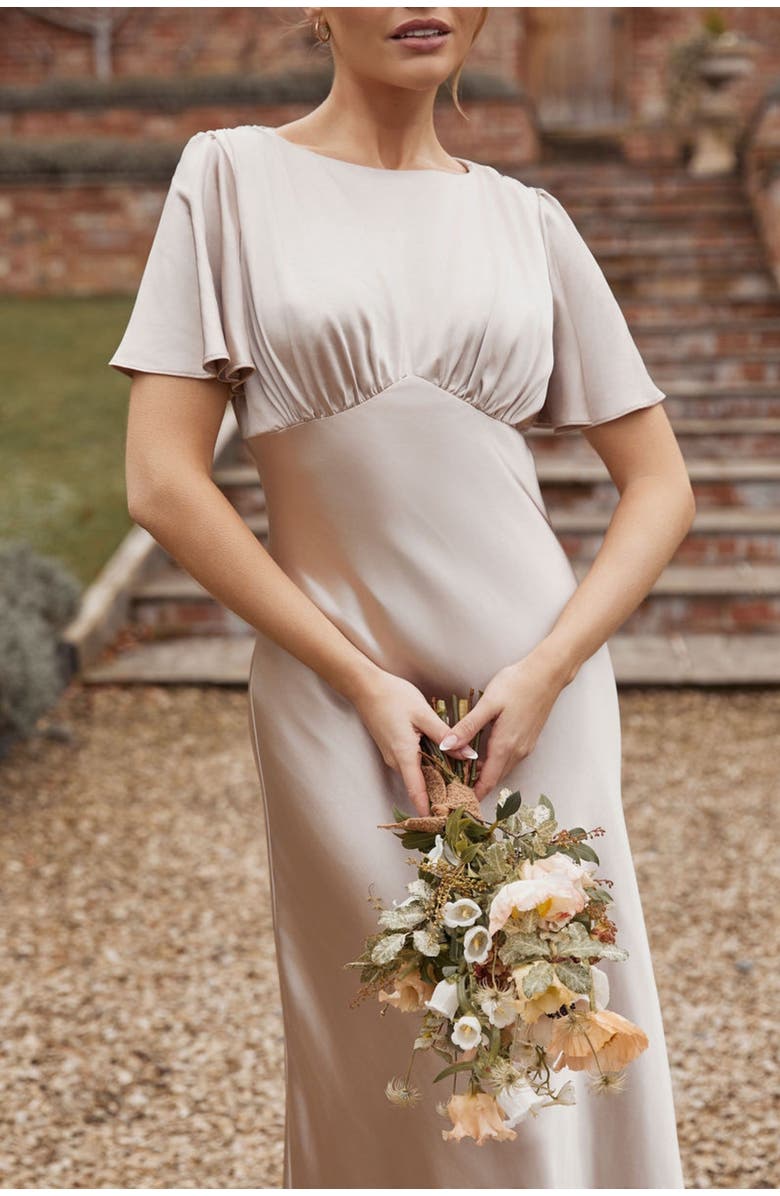 Six Stories Gathered Bust Satin Bridesmaid Dress, Alternate, color, Oyster