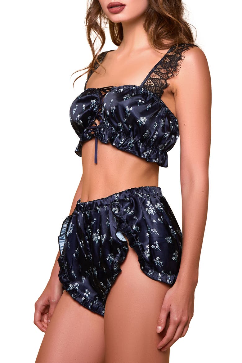 Print Satin Bralette & Panties Tap Shorts Set, Alternate, color, NAVY-BLUE