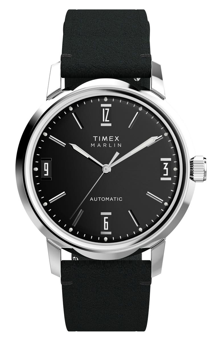 Timex<sup>®</sup> Marlin Automatic Leather Strap Watch, 40mm, Main, color, Black