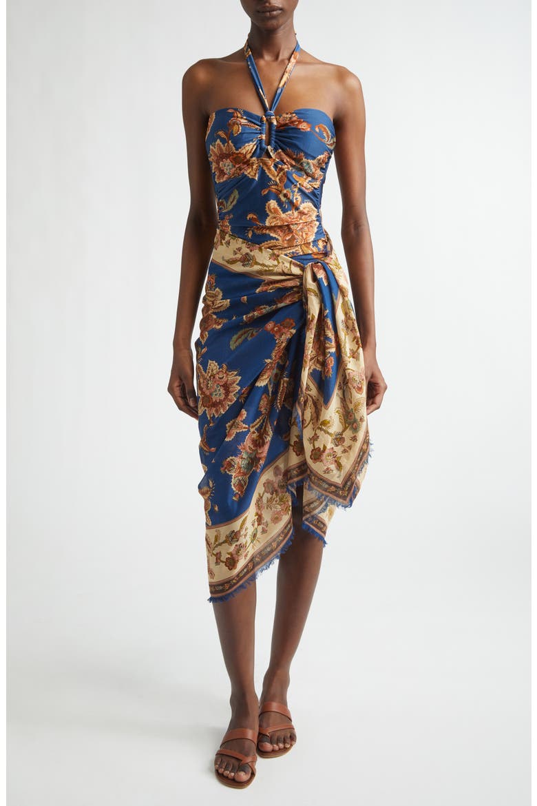 Floral Paisley Frayed Cotton Pareo, Alternate, color, NAVY JACOBEAN