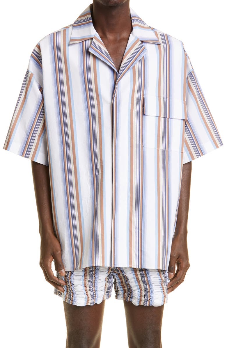 Bianca Saunders Summer Stripe Short Sleeve Cotton Blend Button-Up Shirt, Main, color,
