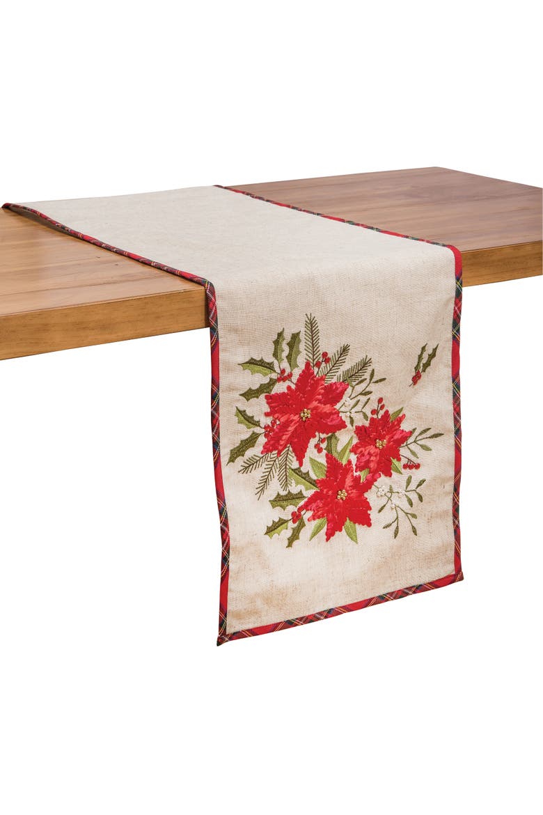 Poinsettia Cotton Blend Christmas Table Runner 14" x 72", Main, color, Red