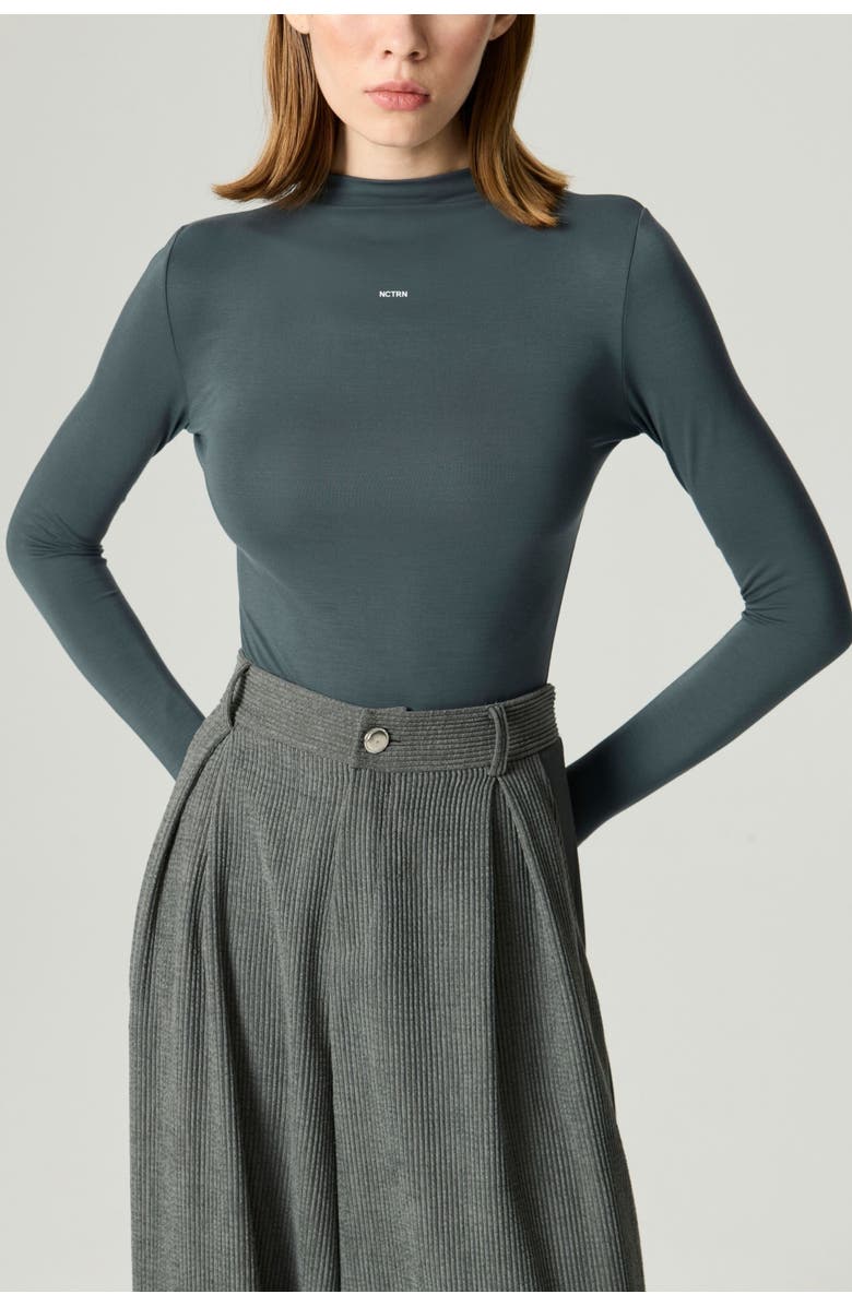 Nocturne Long-Sleeve Mock-Neck Jersey Bodysuit, Alternate, color, Petrol Green