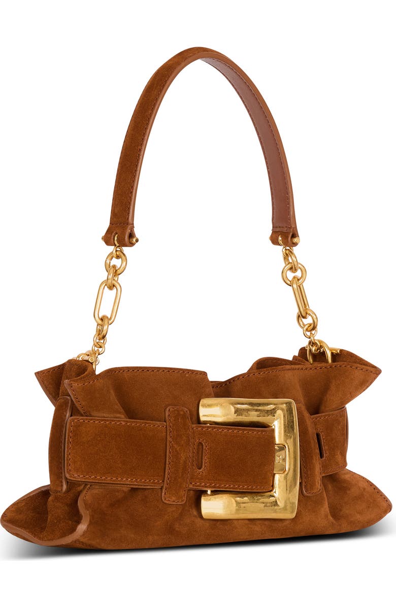 Balmain Anthem Mini suede leather bag, Alternate, color, Brown