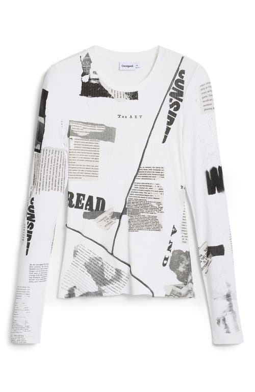 Desigual Mixed Print Long Sleeve Knit Top In White