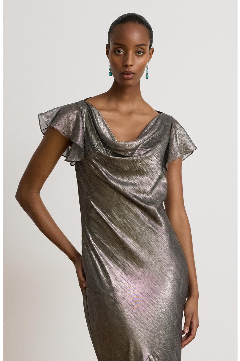 Paisley Metallic Ruffle Trim Gown, Alternate, color, GREY MULTI
