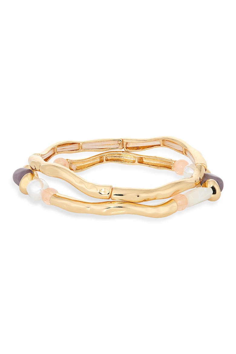 Set of 2 Faux Pearl Beaded Molten Stretch Bracelets, Main, color, NATURAL MULTI- GOLD