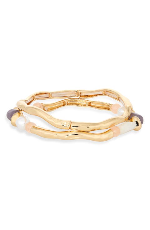 Set of 2 Faux Pearl Beaded Molten Stretch Bracelets
