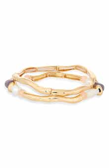 Set of 2 Faux Pearl Beaded Molten Stretch Bracelets