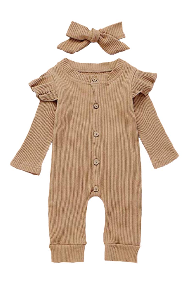 Lilly Ruffle Shoulder Romper & Bow Headband Set, Main, color, COFFEE