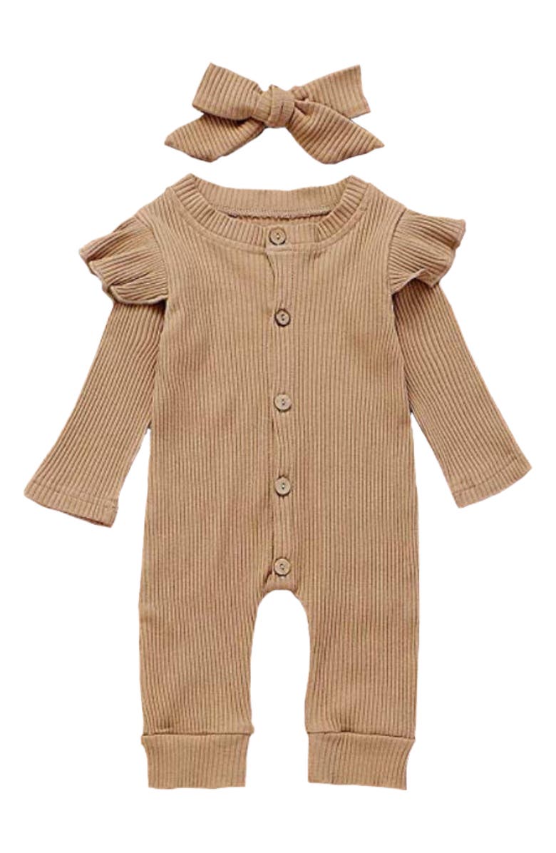 Ashmi & Co. Lilly Ruffle Shoulder Romper & Bow Headband Set, Main, color, 