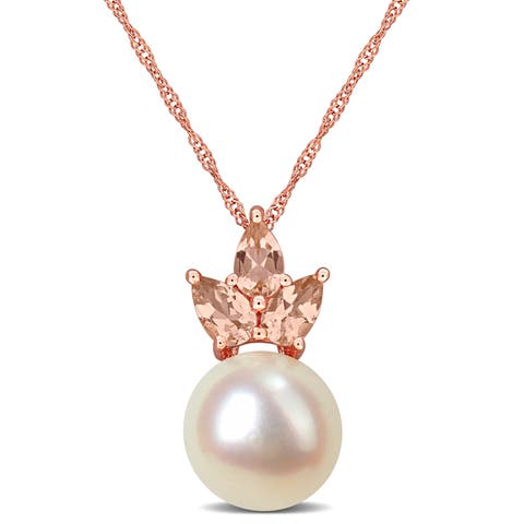 Cultured Pearl & Morganite Pendant Necklace 14k