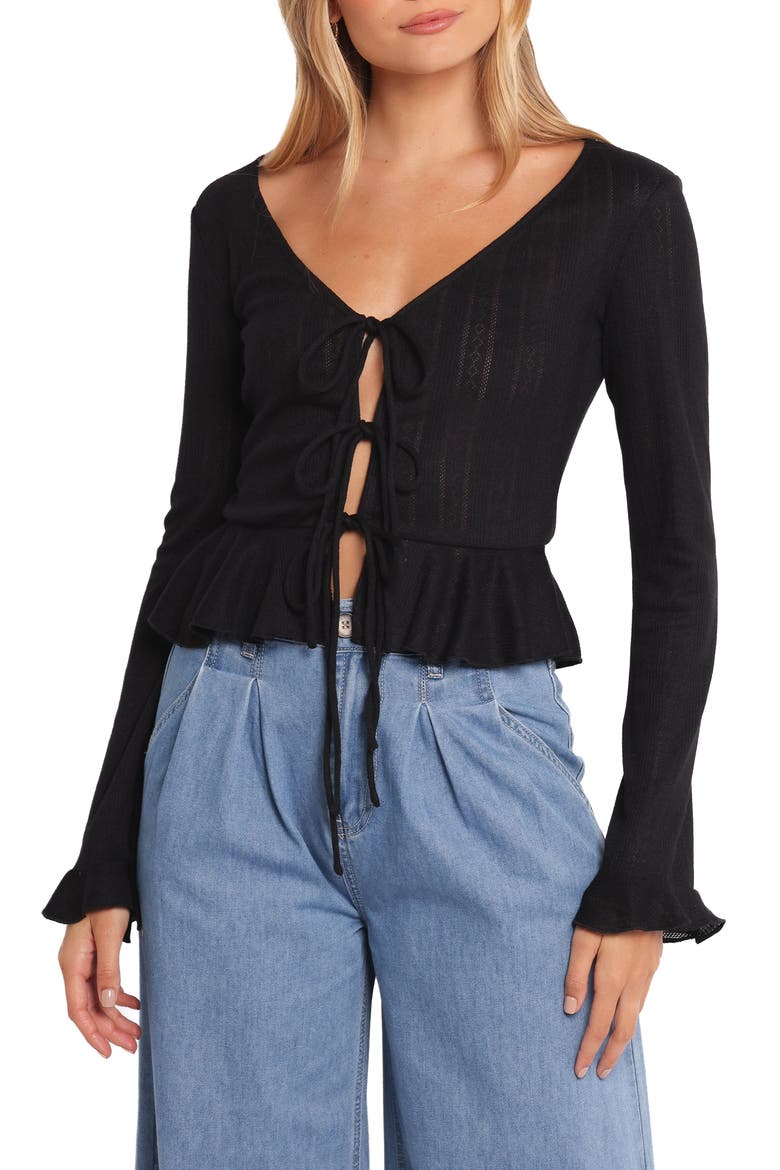 Islah Pointelle Tie Front Cardigan, Main, color, BLACK