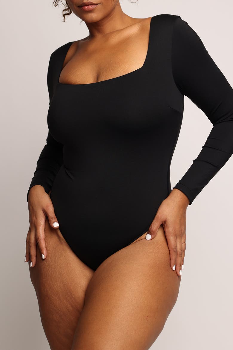 Shapewear Contour Long Sleeve Square Neck Bodysuit, Alternate, color, Jet