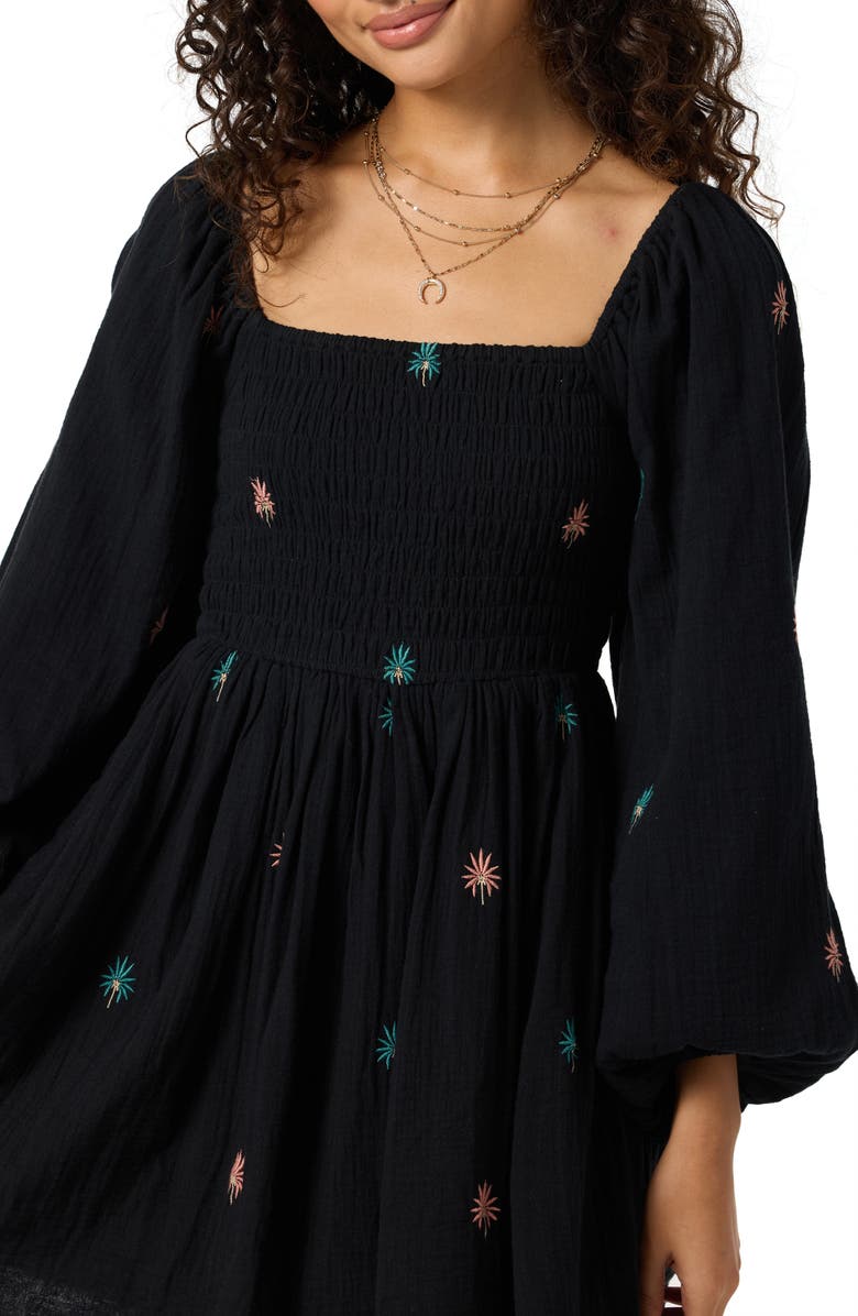 O'Neill Gracyn Palm Embroidered Long Sleeve Dress, Alternate, color, Black