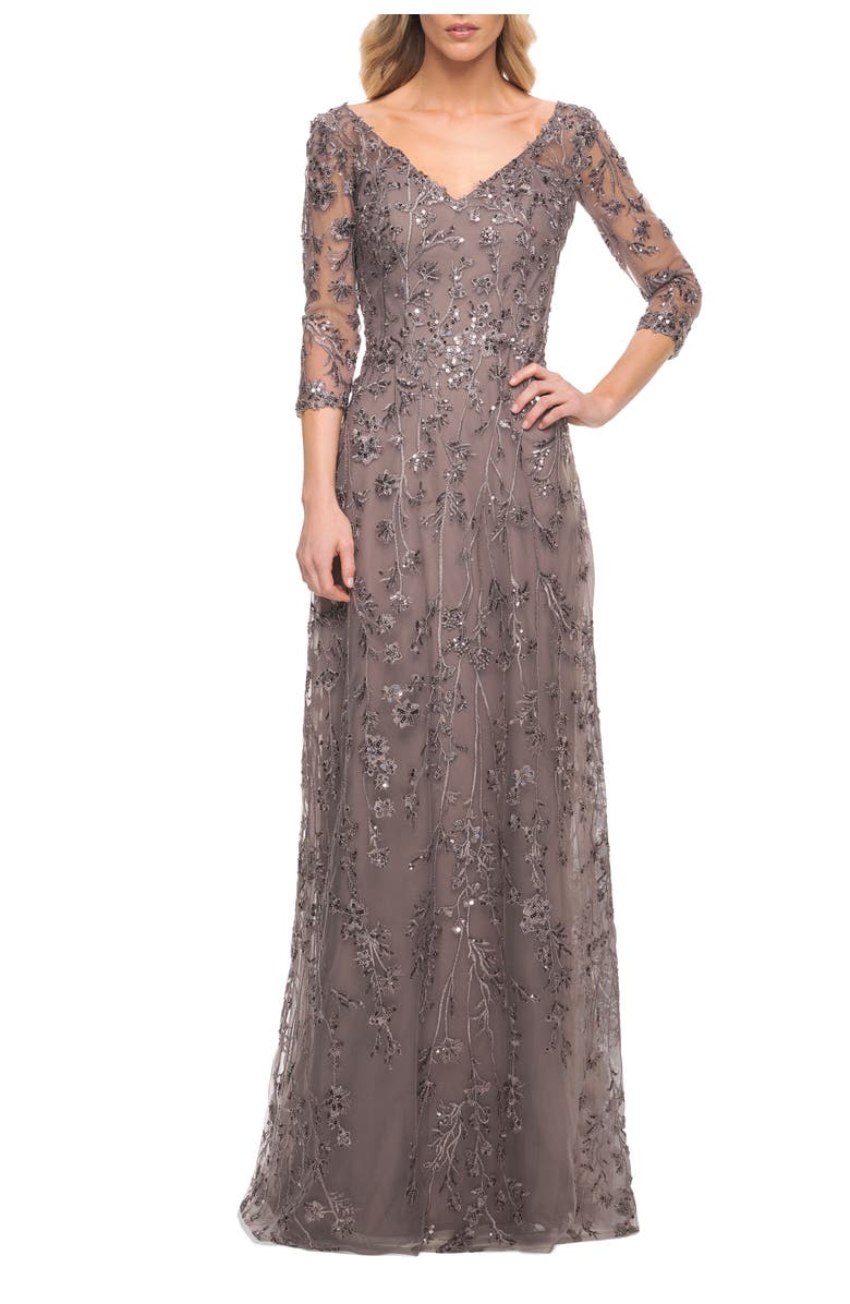 La Femme Beaded Lace Gown with V Neckline and Sheer Sleeves, Alternate, color, Gunmetal