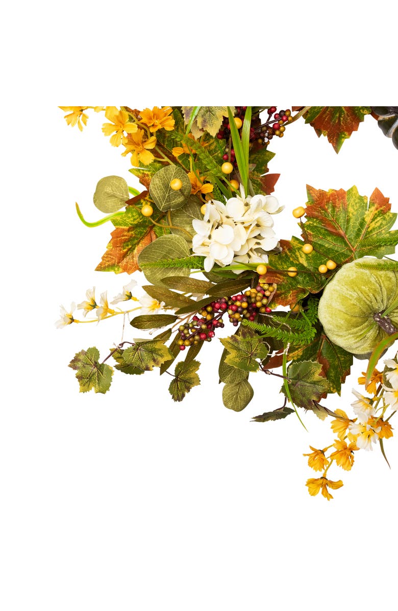Northlight Velvet Pumpkins, Hydrangeas and Maple Leaves Artificial Fall Harvest Wreath - 24", Alternate, color, Green