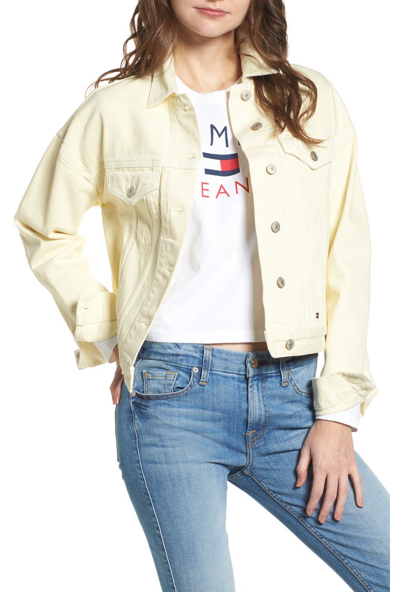 '90s Girlfriend Trucker Jacket, Main, color, LEMON MERINGUE