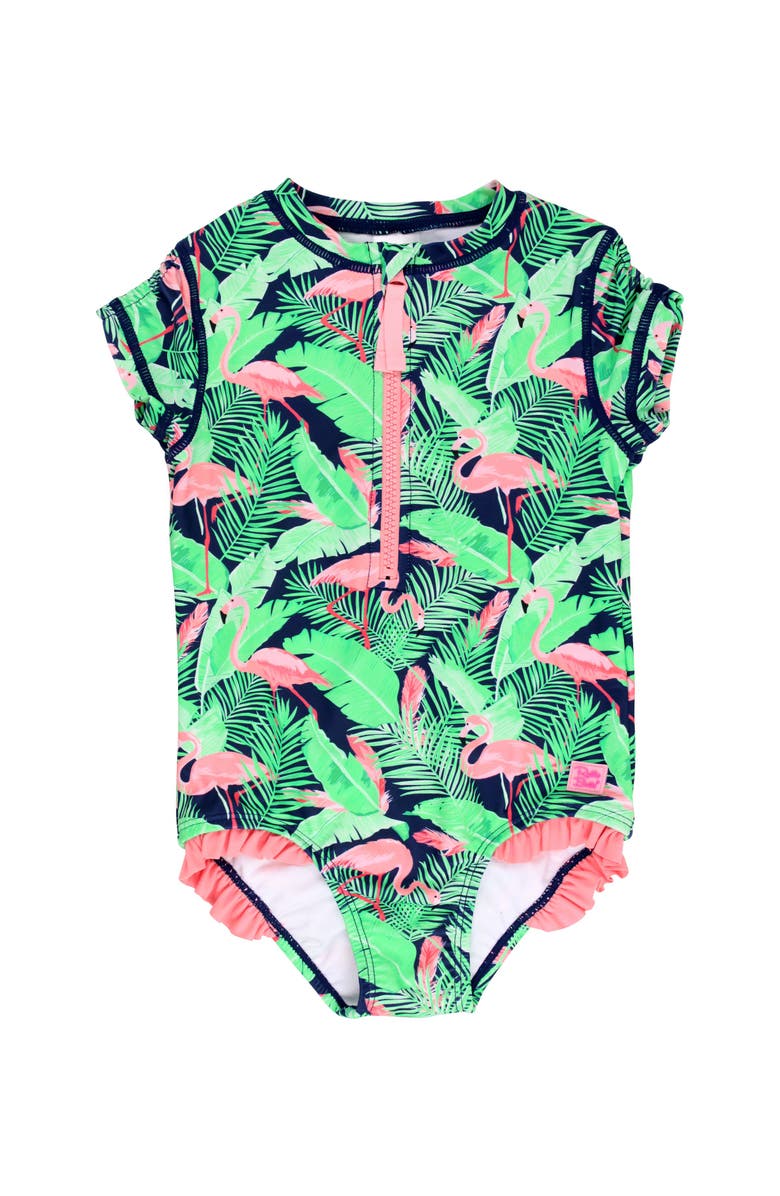 RuffleButts Toddler Girls Short Sleeve UPF50+ One Piece Rash Guard, Main, color, Flamingo Frenzy