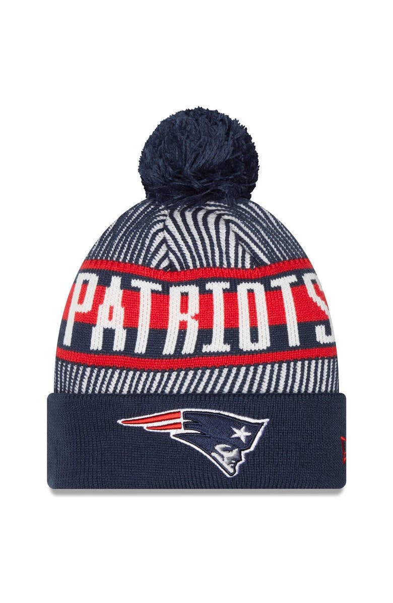 New Era Men's New Era Navy New England Patriots Striped Cuffed Knit Hat with Pom, Main, color, Navy