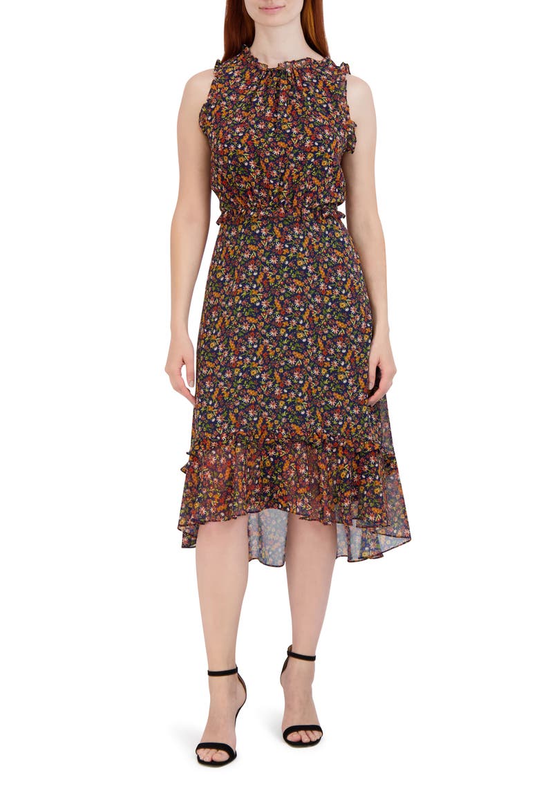 Floral Ruffle Trim Sleeveless Midi Dress, Main, color, NAVY MULTI