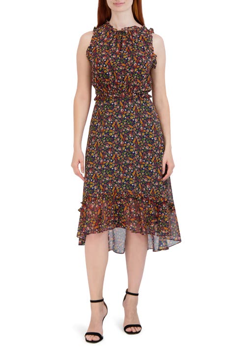 Floral Ruffle Trim Sleeveless Midi Dress