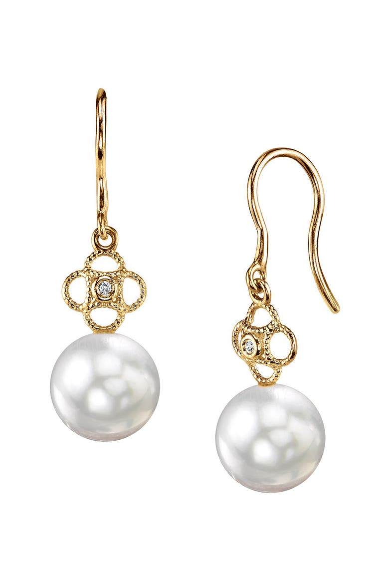 White South Sea Pearl & Diamond Lacy Earrings, Main, color, Yellow Gold