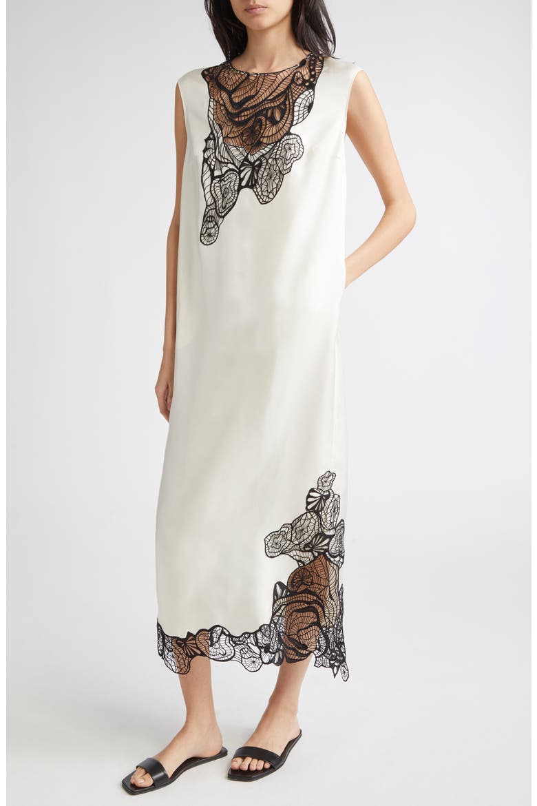 Uma Lace Trim Silk Twill Maxi Dress, Alternate, color, IVORY/ BLACK
