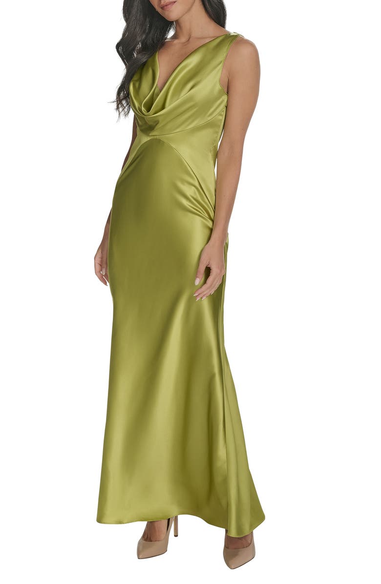 Vince Camuto Draped Neck Satin Gown, Alternate, color, Pear