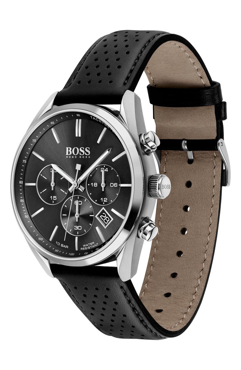 BOSS Champion Chronograph Leather Strap Watch, 44mm, Alternate, color, Black