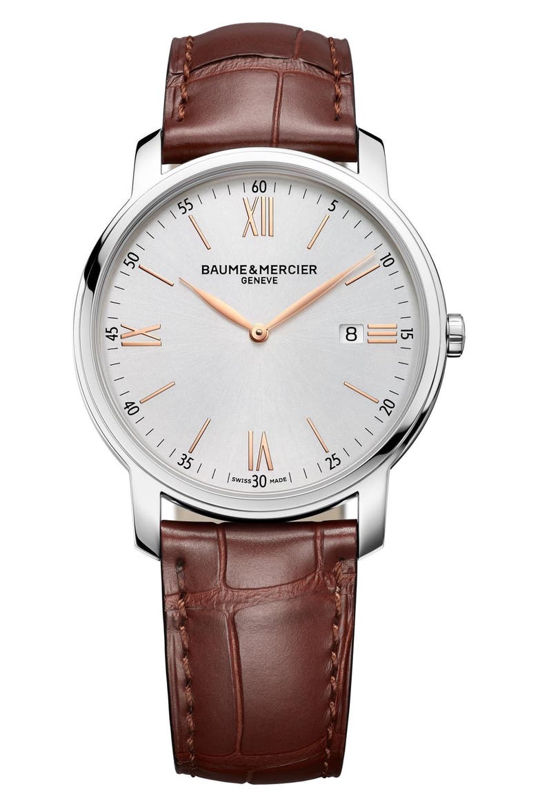 Classima Leather Strap Watch, 42mm, Main, color, SILVER/ GOLD/ BROWN