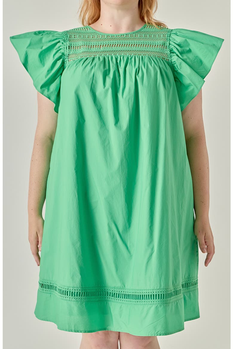 Lace Yoke Ruffle Sleeve Minidress, Alternate, color, GREEN