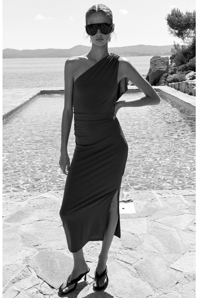 Draped-panel One-shoulder Dress, Alternate, color, Dark khaki green
