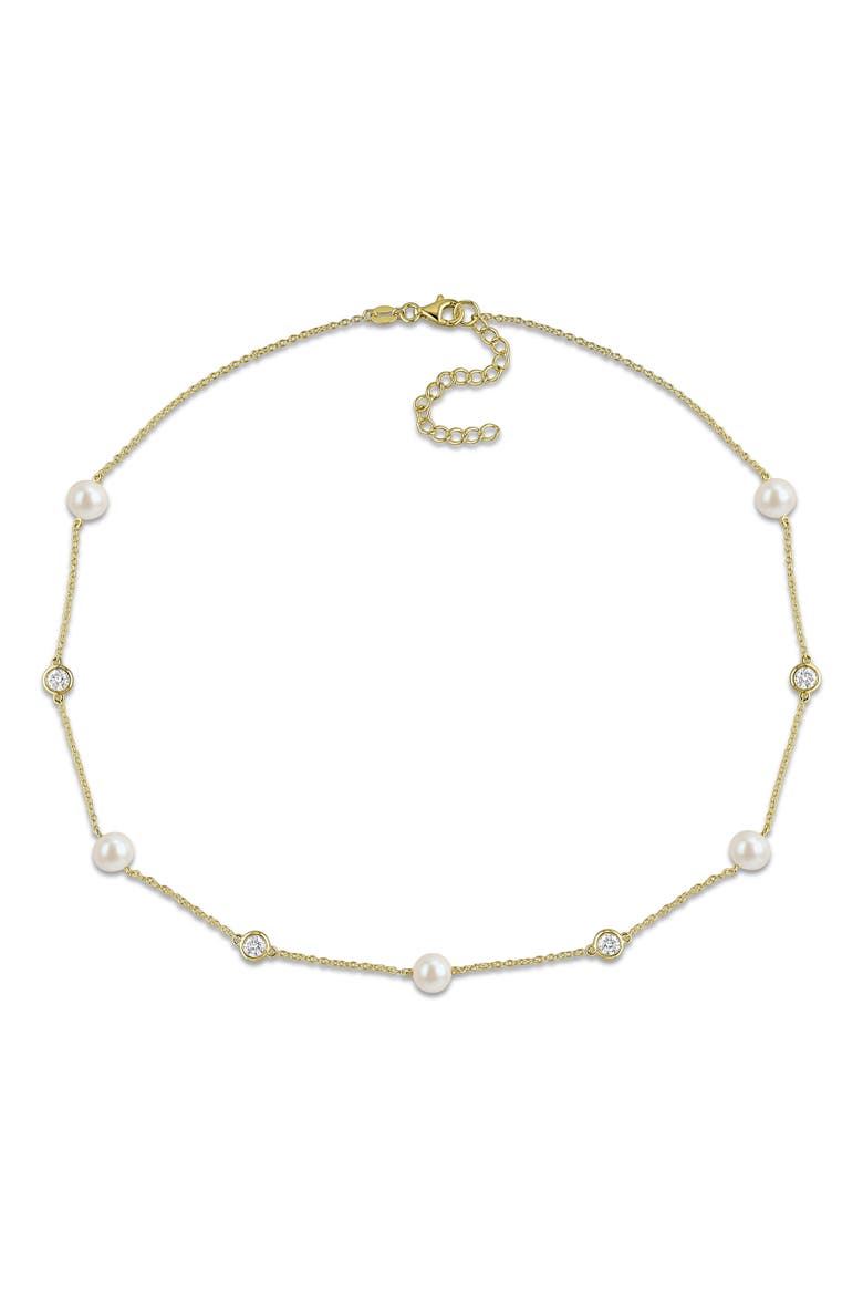 Cultured Pearl & Lab-Grown Diamond Station Necklace, Alternate, color, Yellow-Plated