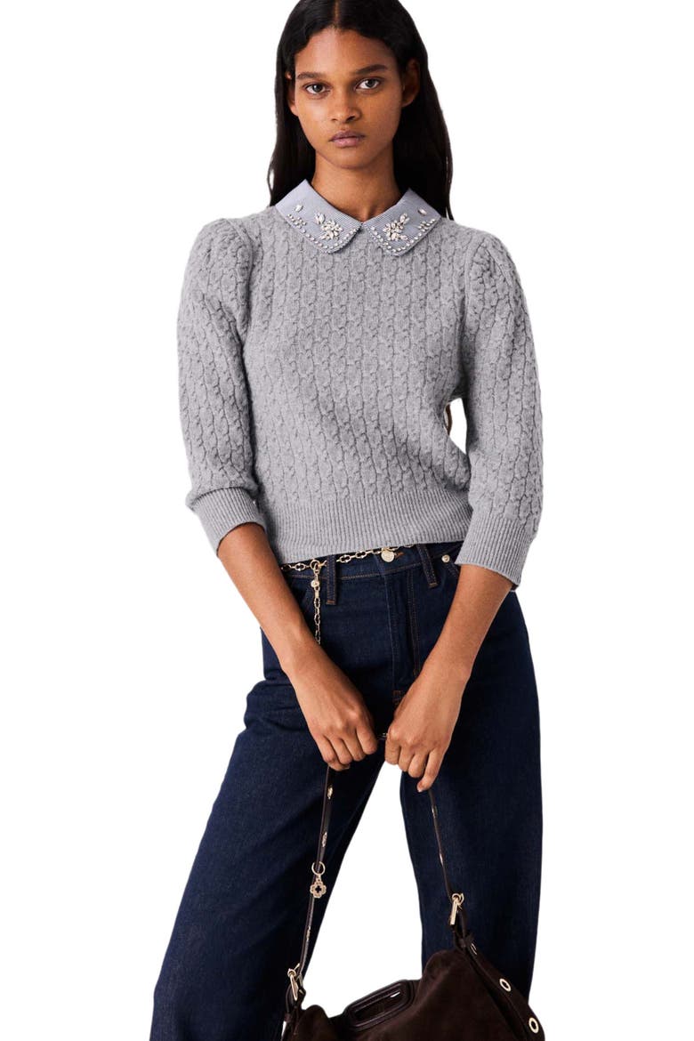 Removable poplin collar sweater, Alternate, color, Light grey