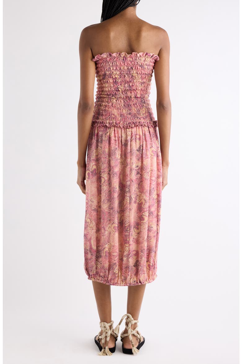 Cleane Print Smocked Strapless Silk Midi Dress, Alternate, color, PINK
