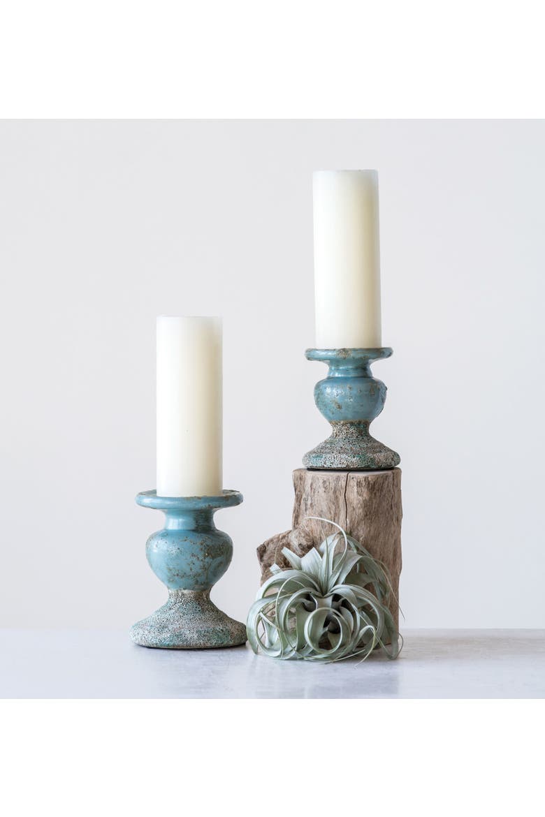 Small Distressed Round Terra-cotta Pillar Candleholder, Blue, Alternate, color, Blue