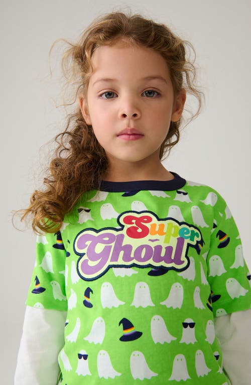Little Bird Kids' Super Ghoul Long Sleeve Layered Look Cotton Graphic T-shirt In Green