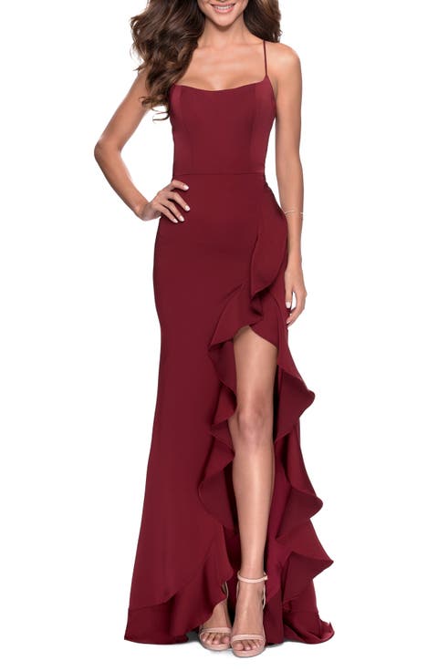Ruffle Prom Dress with Scoop Neck and Lace Up Back