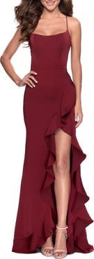 La Femme Ruffle Prom Dress with Scoop Neck and Lace Up Back