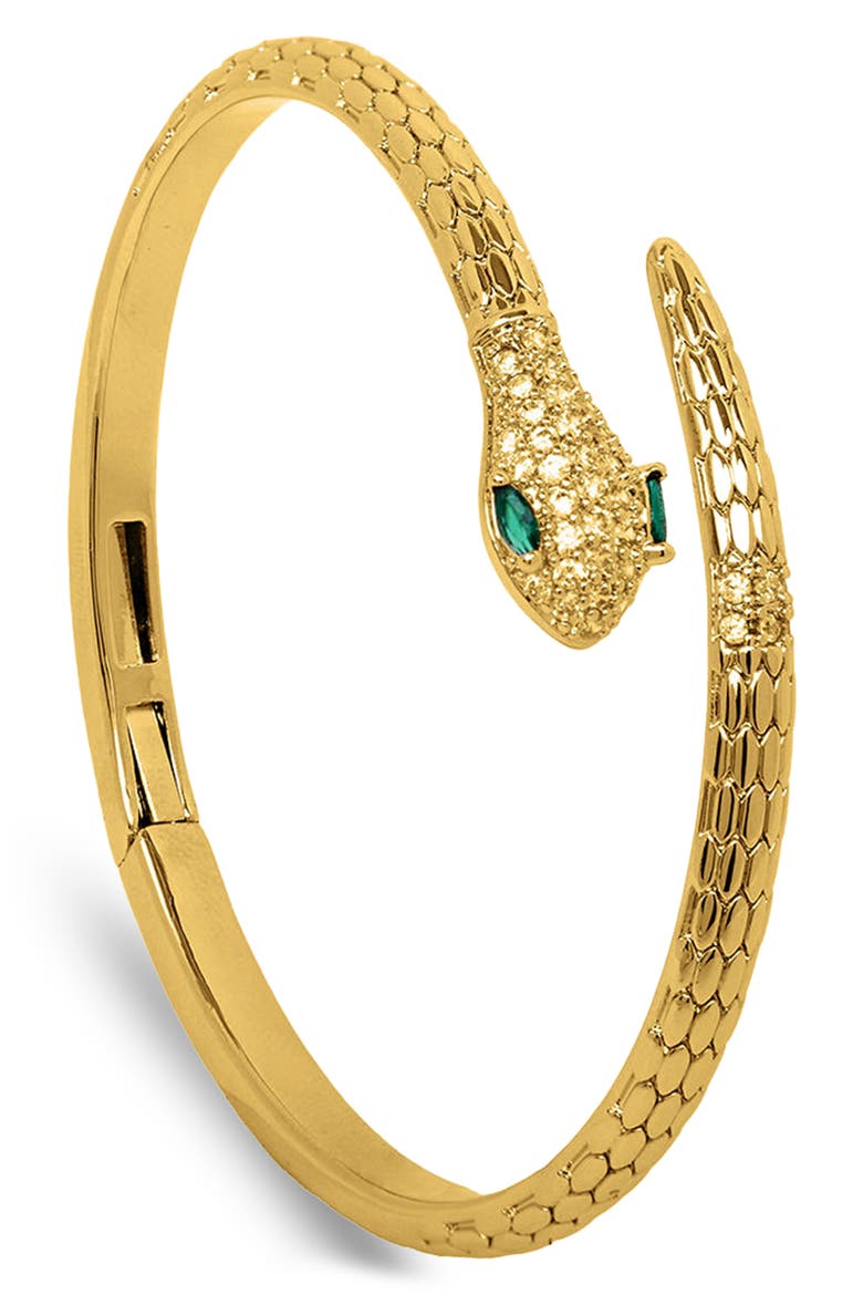 Serpent Sparkle Hinged Cuff Bracelet, Main, color, GOLD