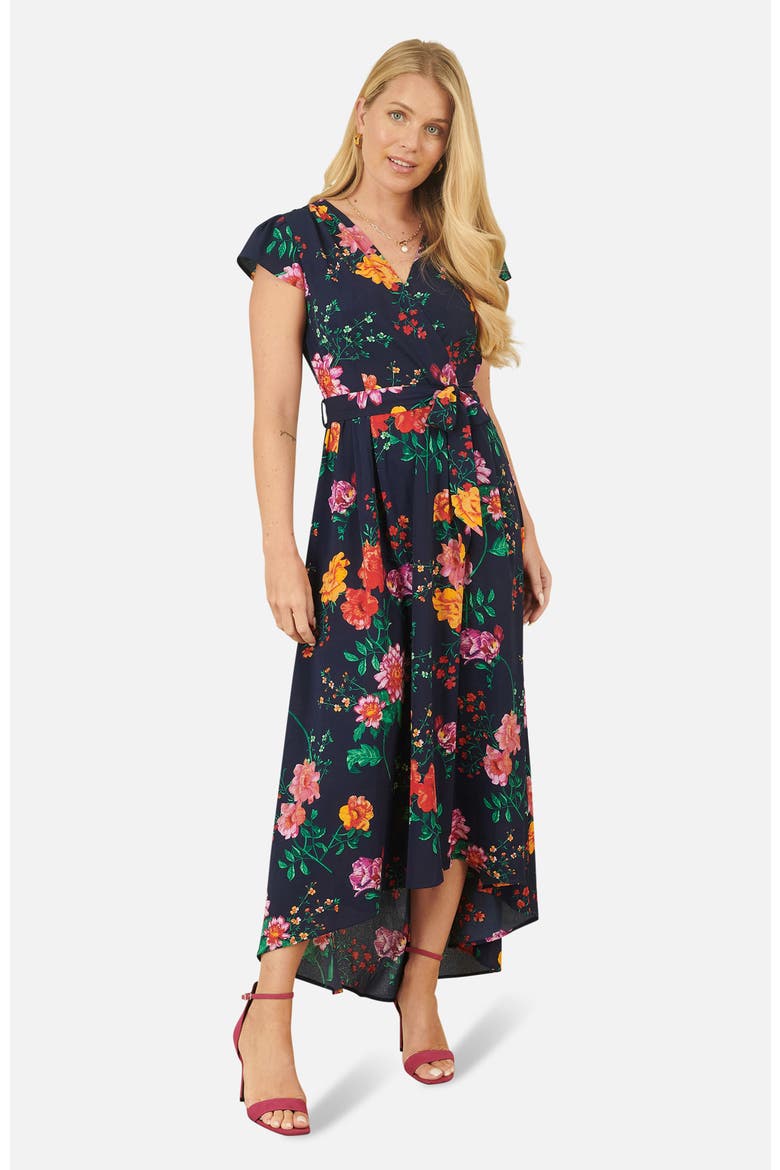 Flower  Print Wrap Midi Dress, Alternate, color, Navy