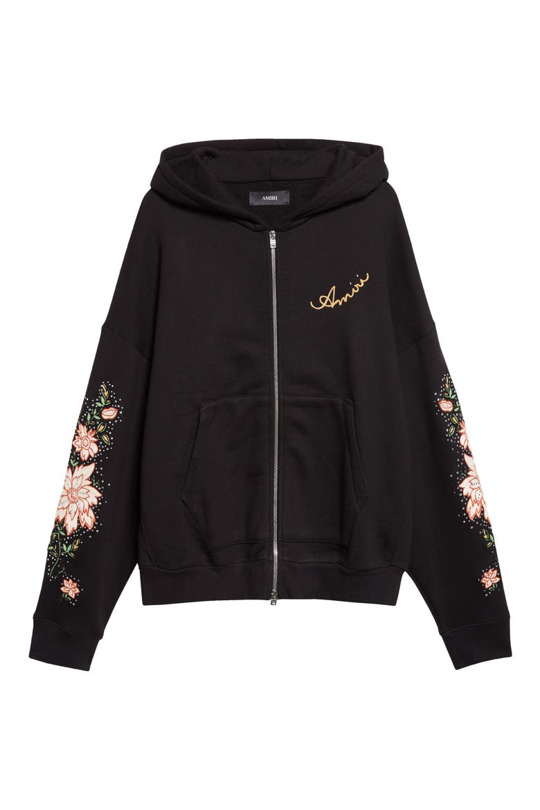 Oversize Crystal Embellished Floral Zip Hoodie, Main, color, BLACK