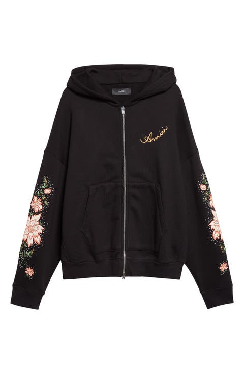 Oversize Crystal Embellished Floral Zip Hoodie
