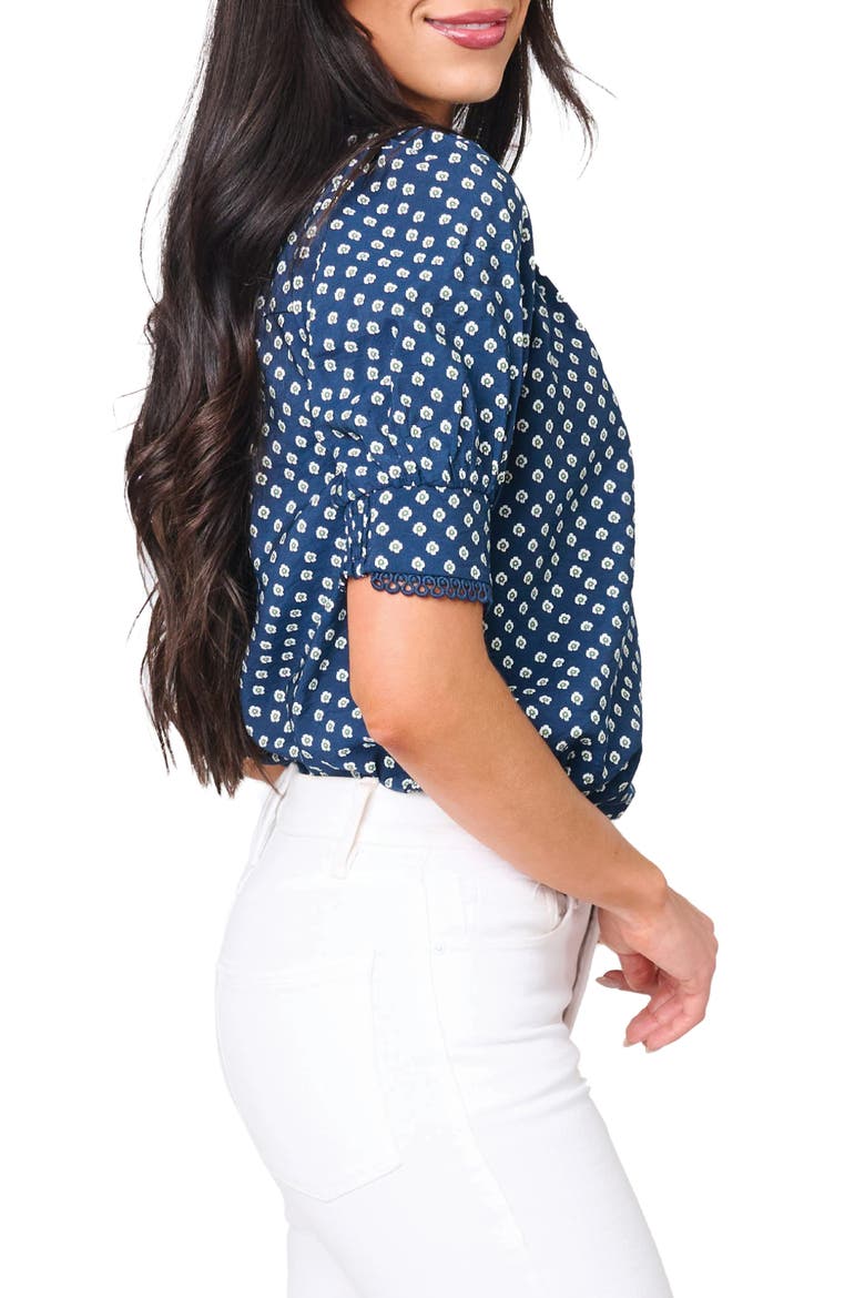 Lace Trim Puff Sleeve Top, Alternate, color, NAVY DAISY