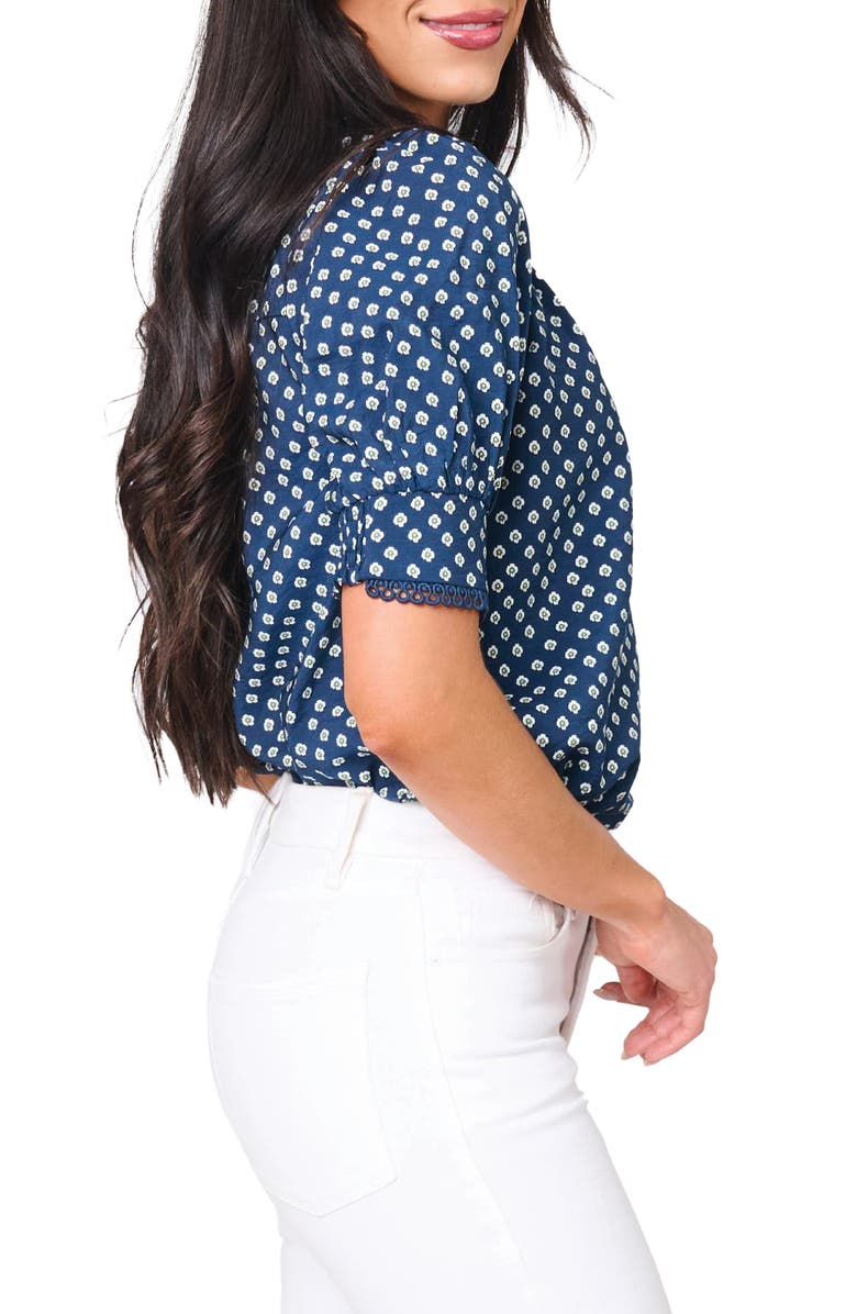GIBSONLOOK Lace Trim Puff Sleeve Top, Alternate, color, Navy Daisy