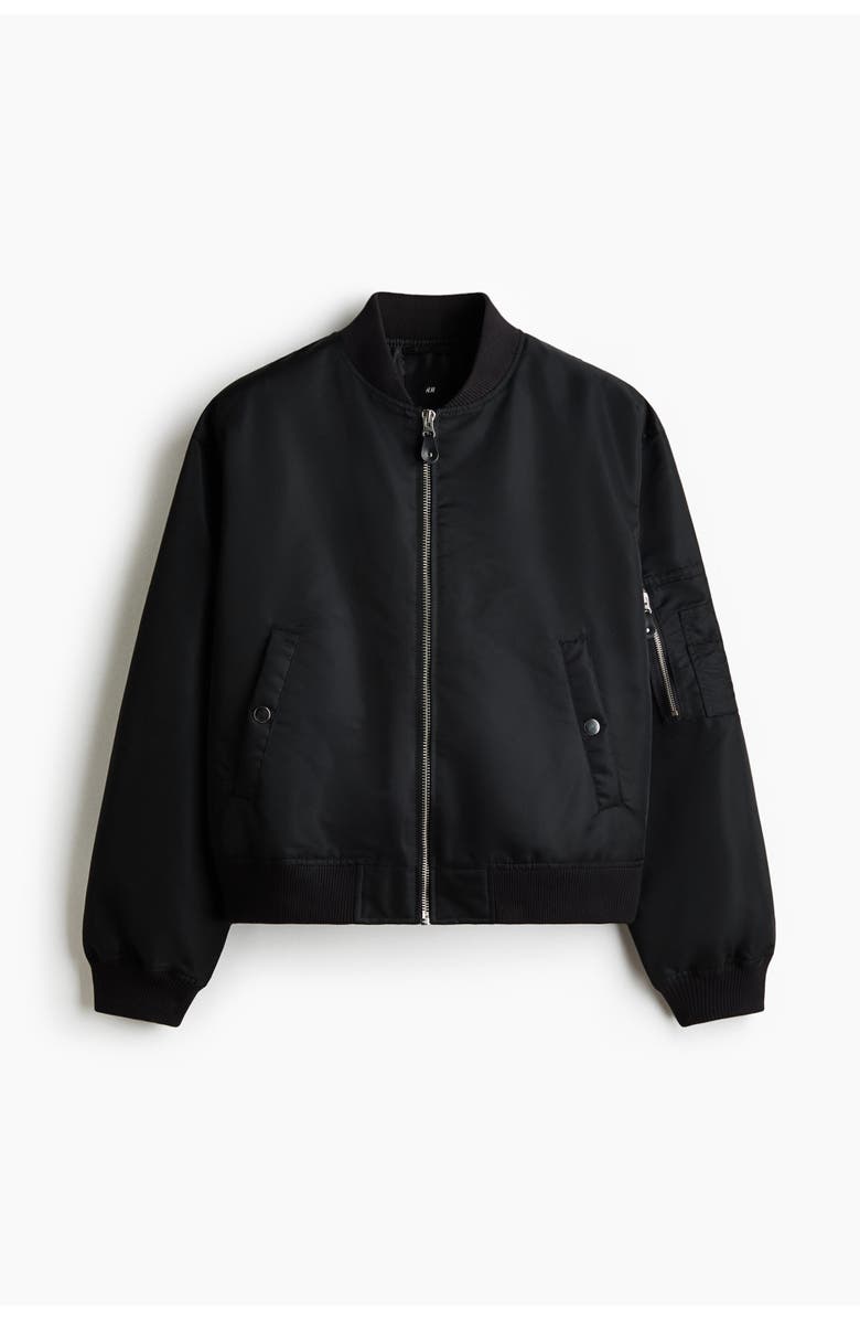 H&M Padded Nylon Bomber Jacket, Main, color, Black