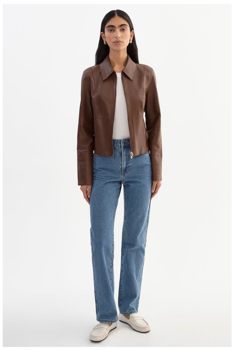 Clarie | Reversible Leather Jacket, Alternate, color, Mid Brown/Gold