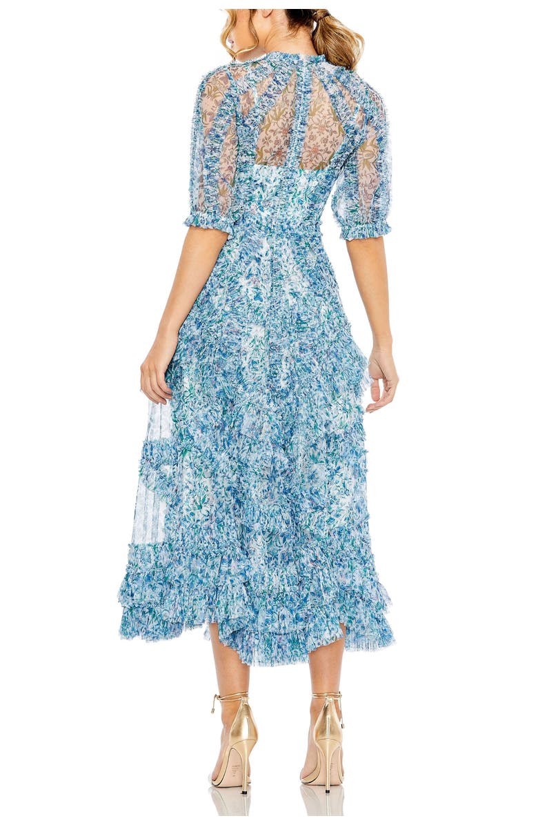 Mac Duggal Puff Sleeve Floral Print Mesh Dress, Alternate, color, Blue Multi
